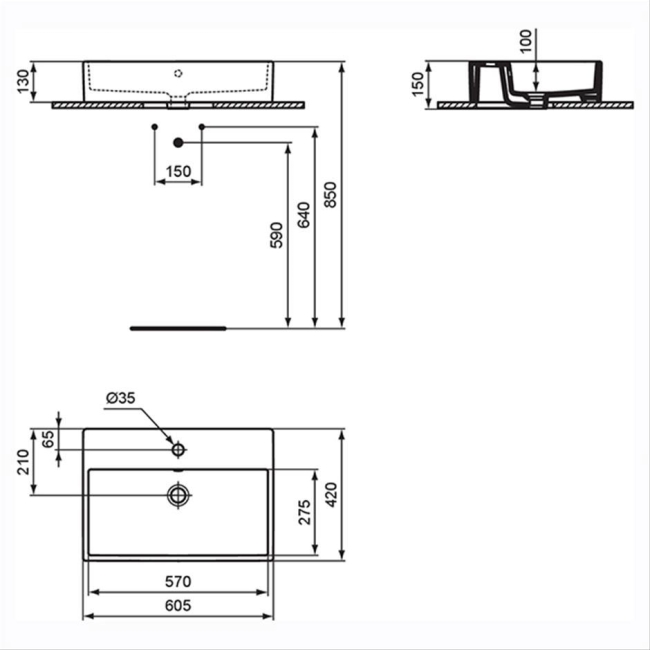 Ideal Standard I.Life B Vessel Sit-On Countertop Basin 605mm Wide - White  | Dimension Image