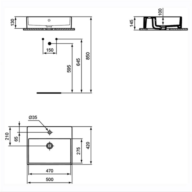 Ideal Standard I.Life B Vessel Sit-On Countertop Basin with Overflow 500mm Wide - White  | Dimension Image