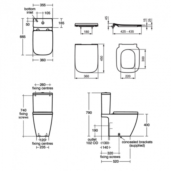 Ideal Standard I.Life B Rimless Close Coupled Toilet (inc Soft Close Slim Seat)  | Dimension Image