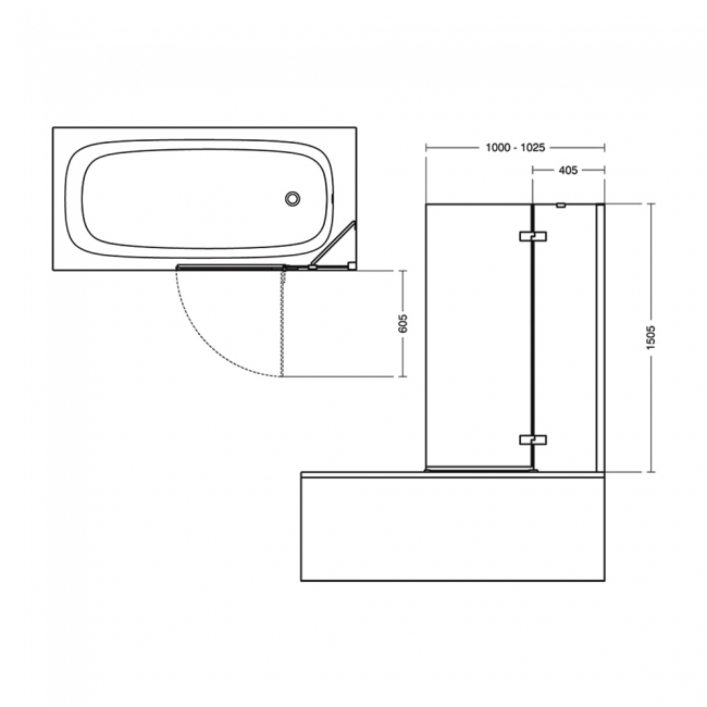 Ideal Standard I.Life Hinged RH Bathscreen with Fixed Panel 1500mm High x 1000mm Wide 8mm Glass - Bright Silver