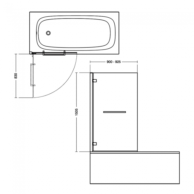 Ideal Standard I.Life Hinged LH Bathscreen with Towel Rail 1500mm High x 900mm Wide 8mm Glass - Bright Silver
