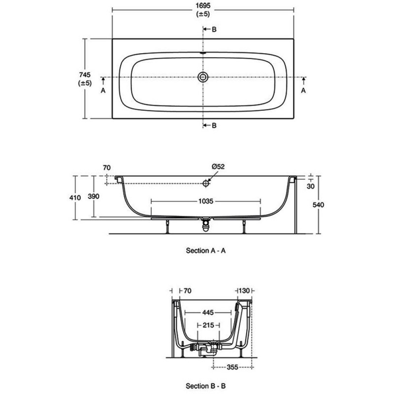 Ideal Standard I.Life Double Ended Idealform Rectangular Bath 1700mm x 750mm 0 Tap Hole