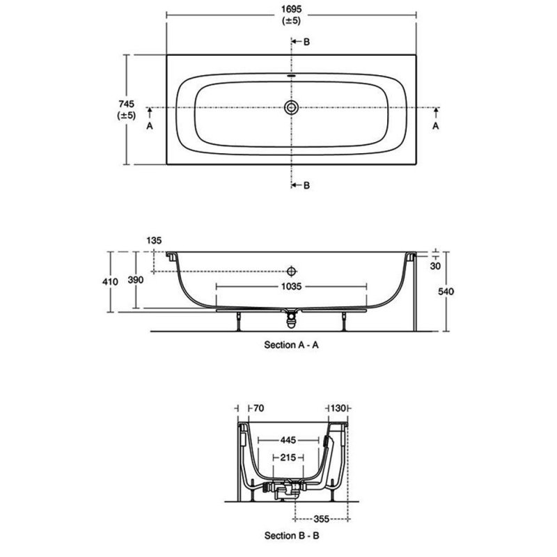 Ideal Standard I.Life Double Ended Idealform Rectangular Water Saving Bath 1700mm x 750mm 0 Tap Hole (inc Leg Set)