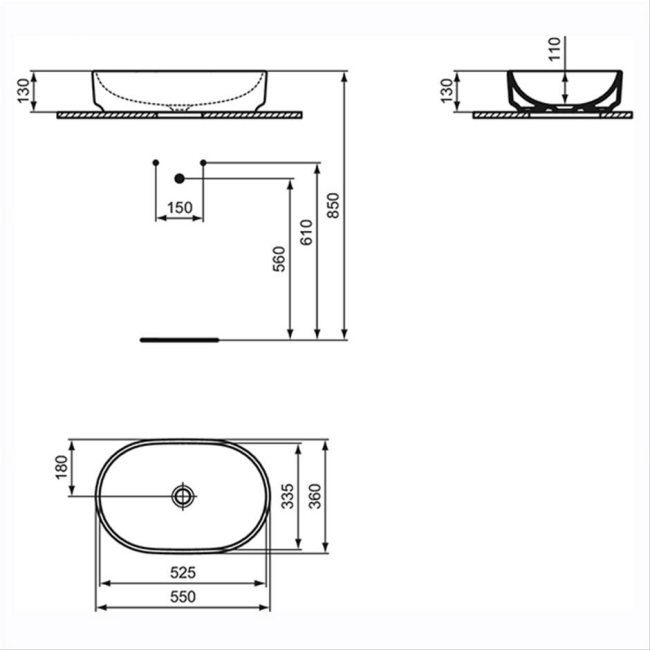 Ideal Standard I.Life O Vessel Oval Sit-On Countertop Basin 550mm Wide - White  | Dimension Image