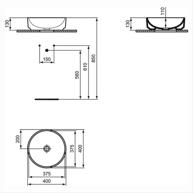 Ideal Standard I.Life O Vessel Round Sit-On Countertop Basin 400mm Wide - White  | Dimension Image