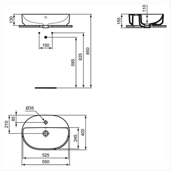 Ideal Standard I.Life O Vessel Sit-On Countertop Basin 550mm Wide - White  | Dimension Image