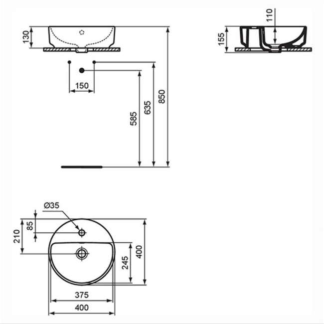 Ideal Standard I.Life O Vessel Sit-On Countertop Basin 400mm Wide - White  | Dimension Image