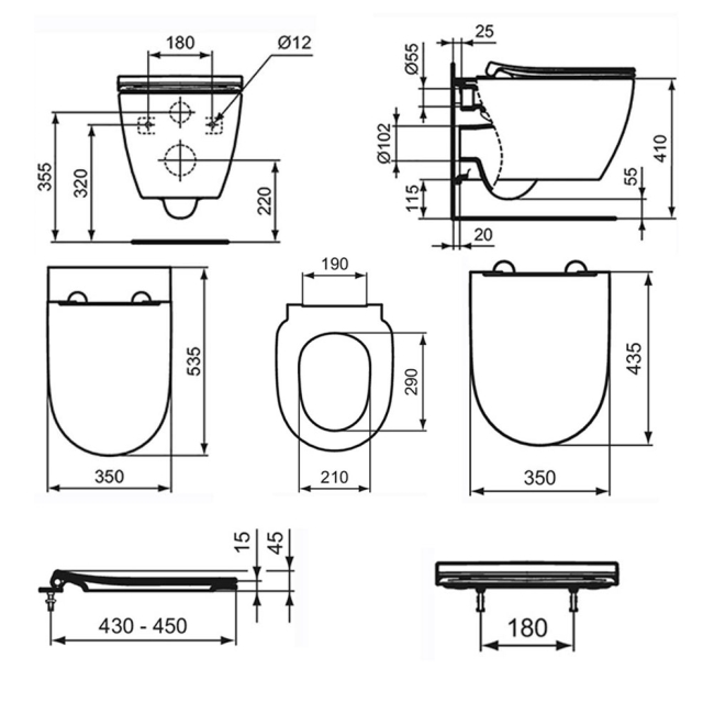 Ideal Standard I.Life O Rimless Wall Hung Toilet (inc Soft Close Slim Seat)  | Dimension Image
