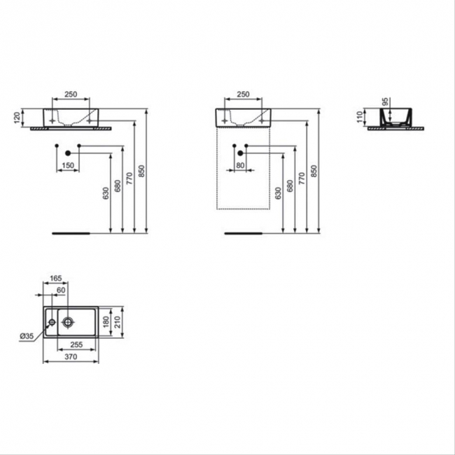Ideal Standard I.Life S Vessel Washbasin 370mm Wide Left Hand - 1 Hap Hole