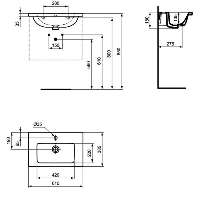 Ideal Standard I.Life S Compact Wall Hung Basin 600mm Wide - 1 Tap Hole