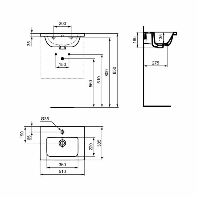 Ideal Standard I.Life S Compact Wall Hung Basin 500mm Wide - 1 Tap Hole  | Dimension Image