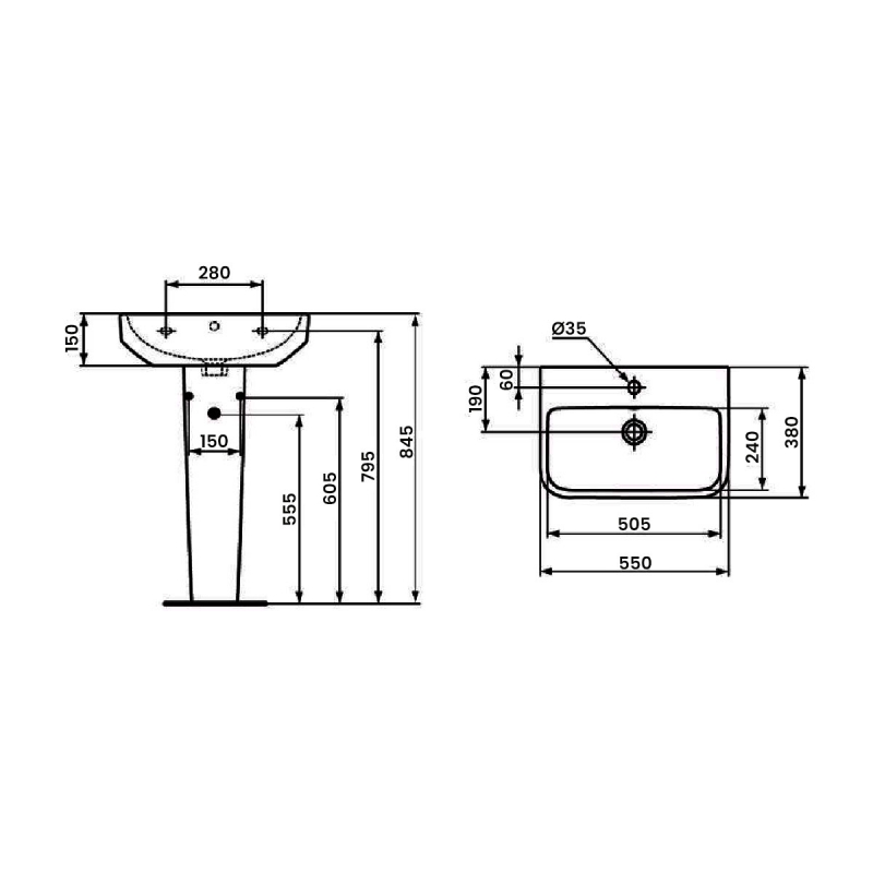 Ideal Standard I.Life S Compact Basin and Full Pedestal 550mm Wide - 1 Tap Hole