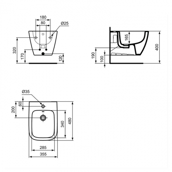 Ideal Standard I.Life S Wall Hung Bidet 355mm Wide - 1 Tap Hole