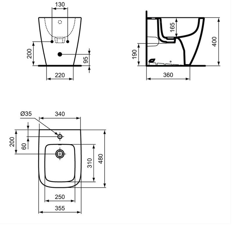 Ideal Standard I.Life S Back to Wall Bidet 360mm Wide - 1 Tap Hole
