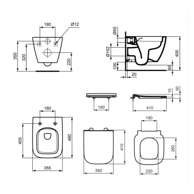 Ideal Standard I.Life S Rimless Wall Hung Toilet (inc Soft Close Slim Seat)  | Dimension Image
