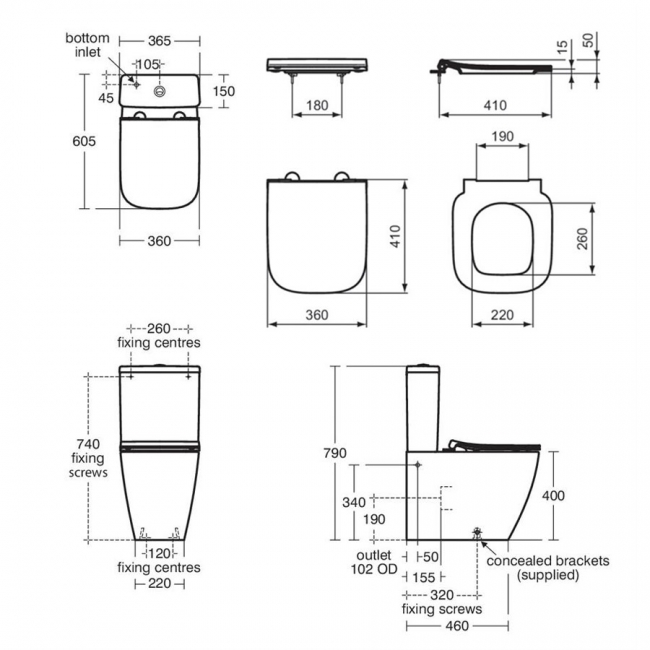 Ideal Standard I.Life S Compact Rimless Close Coupled Toilet (inc Soft Close Slim Seat)  | Dimension Image