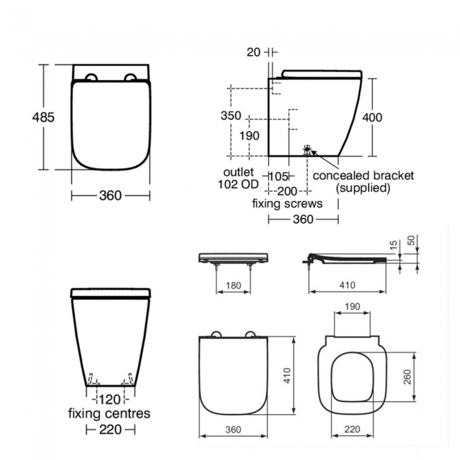 Ideal Standard I.Life S Rimless Back to Wall Toilet (inc Soft Close Slim Seat)  | Dimension Image