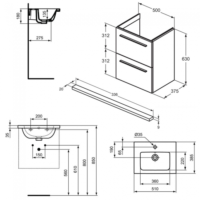 Ideal Standard I.Life S Compact Wall Hung 2-Drawer Vanity Unit with Basin and Matt Black Handle 500mm Wide - Matt Quartz Grey