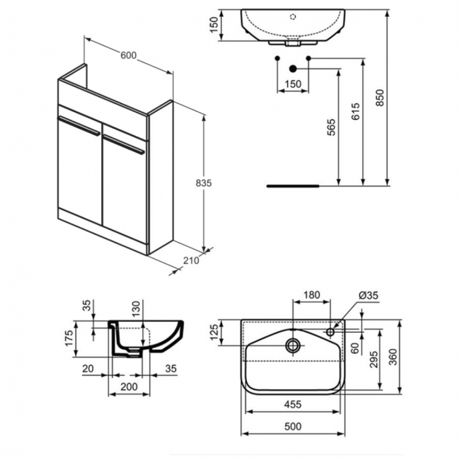 Ideal Standard I.Life S Floor Standing 2-Door Compact Vanity Unit with Basin and Matt Black Handle 600mm - Matt White
