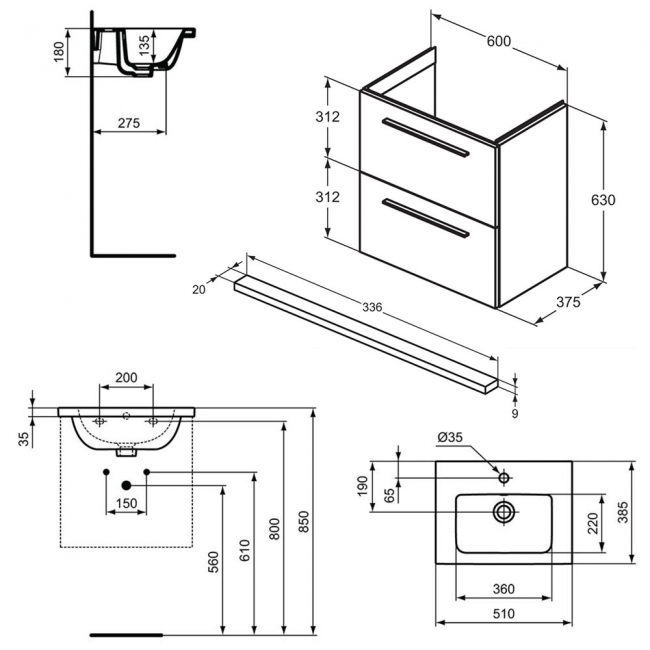 Ideal Standard I.Life S Compact Wall Hung 2-Drawer Vanity Unit with Basin and Matt Black Handle 600mm Wide - Matt Quartz Grey