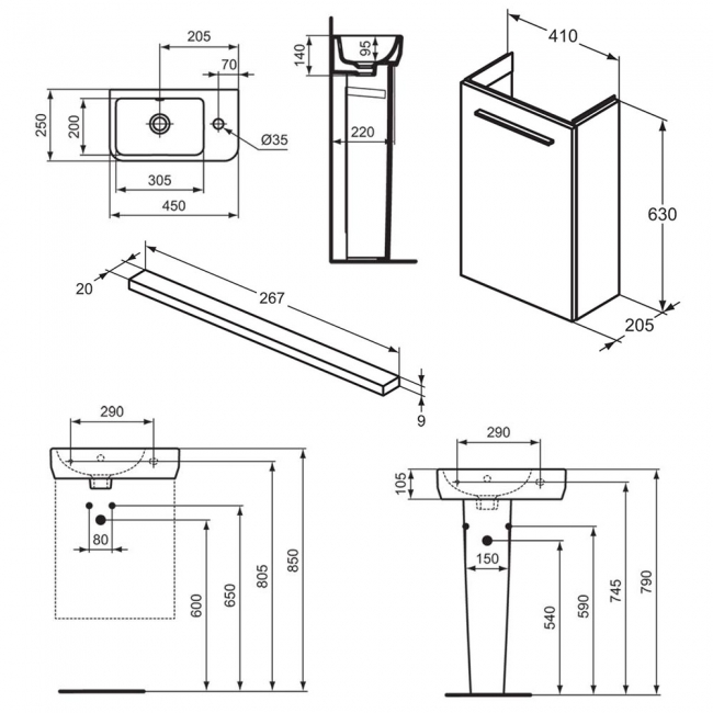 Ideal Standard I.Life S Guest RH Wall Hung 1-Door Vanity Unit with Basin and Brushed Chrome Handle 450mm Wide - Matt Quartz Grey