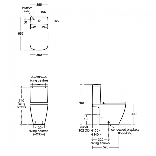 Ideal Standard I.Life B Rimless Close Coupled Toilet with Eco Cistern (inc Soft Close Wrapover Seat)  | Dimension Image