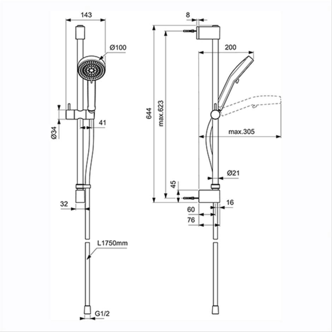 Ideal Standard Idealrain Shower Slide Rail Kit 600mm with Two Function Handset - Chrome  | Dimension Image