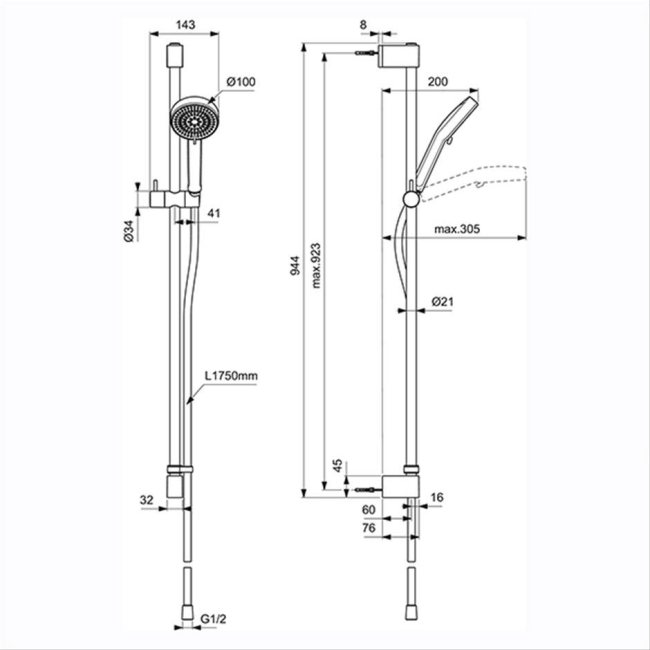 Ideal Standard Idealrain Shower Slide Rail Kit 900mm with Two Function Handset - Chrome  | Dimension Image