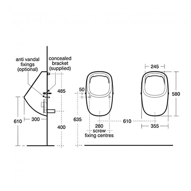 Ideal Standard Jasper Morrison Bowl Rim Flush Fully Concealed Urinal 355mm Wide White