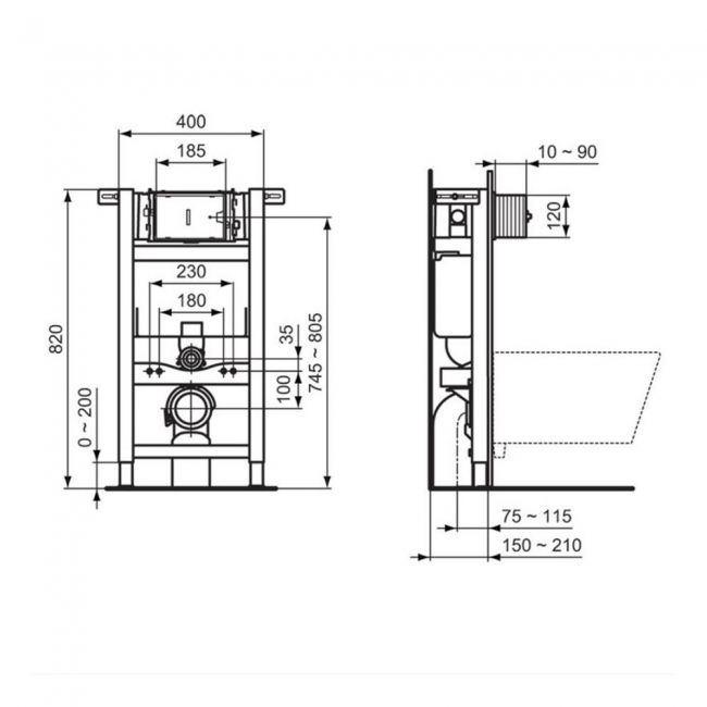 Ideal Standard Prosys Pneumatic Wall Hung Toilet Frame with Concealed Cistern 820mm H x 400mm W