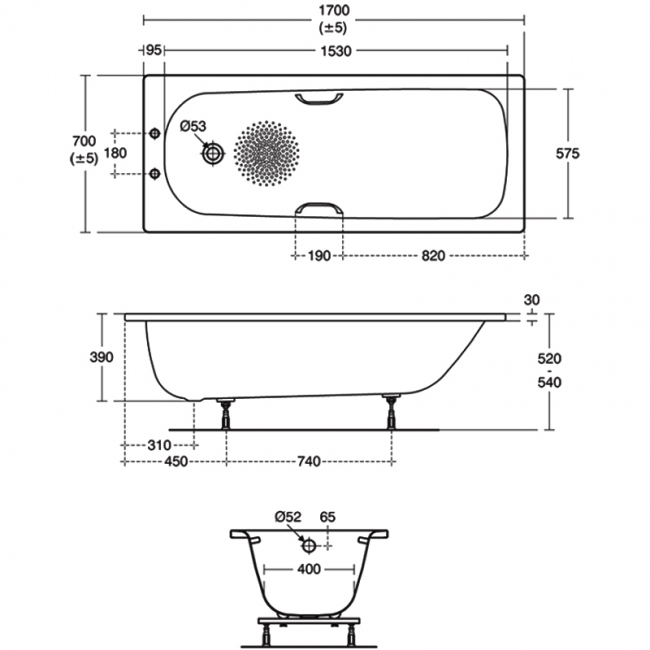 Ideal Standard Simplicity Anti-Slip Steel Bath with Handgrips 1700mm x 700mm 2 Tap Hole