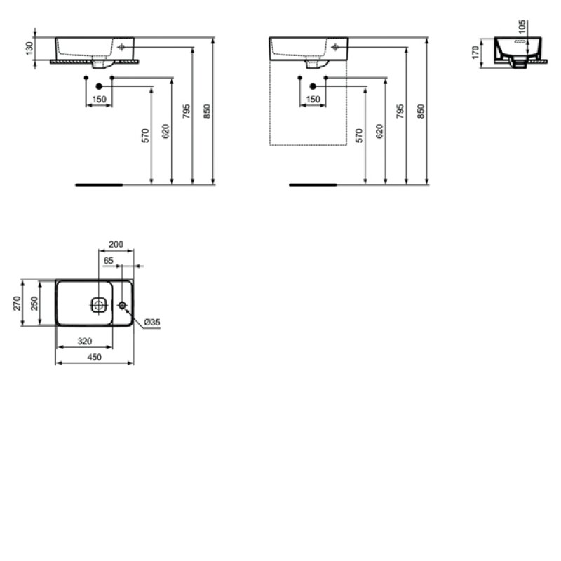 Ideal Standard Strada II Wall Hung Basin 450mm Wide Right Hand (inc Waste)