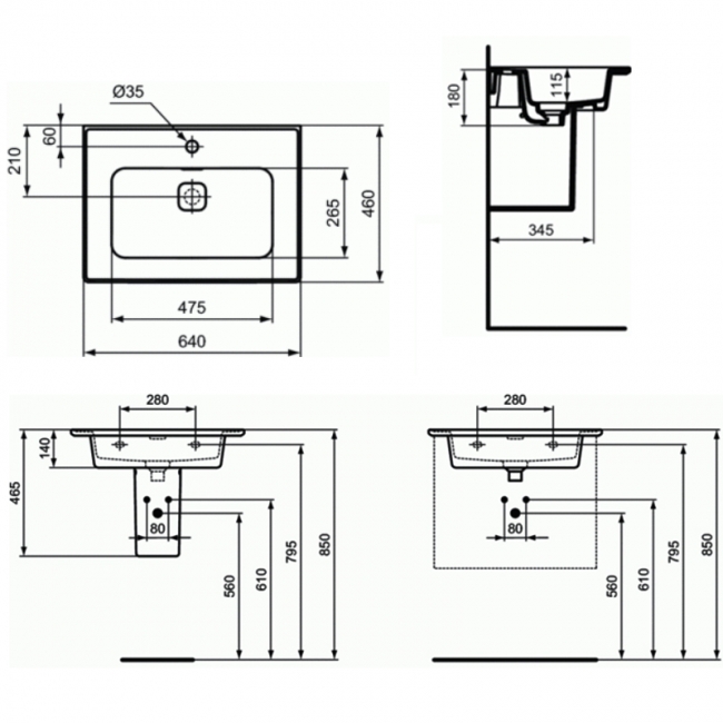 Ideal Standard Strada II Basin and Semi Pedestal 640mm Wide 1TH (inc Waste)  | Dimension Image