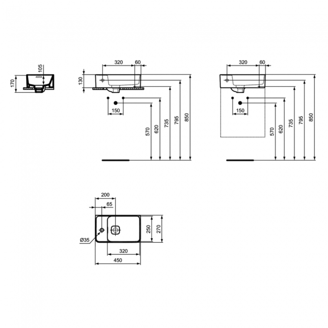 Ideal Standard Strada II Wall Hung Basin 450mm Wide Left Hand (inc Waste)