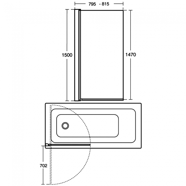 Ideal Standard Synergy Square Angle Hinged Bath Screen 1500mm H x 815mm W - 6mm Glass
