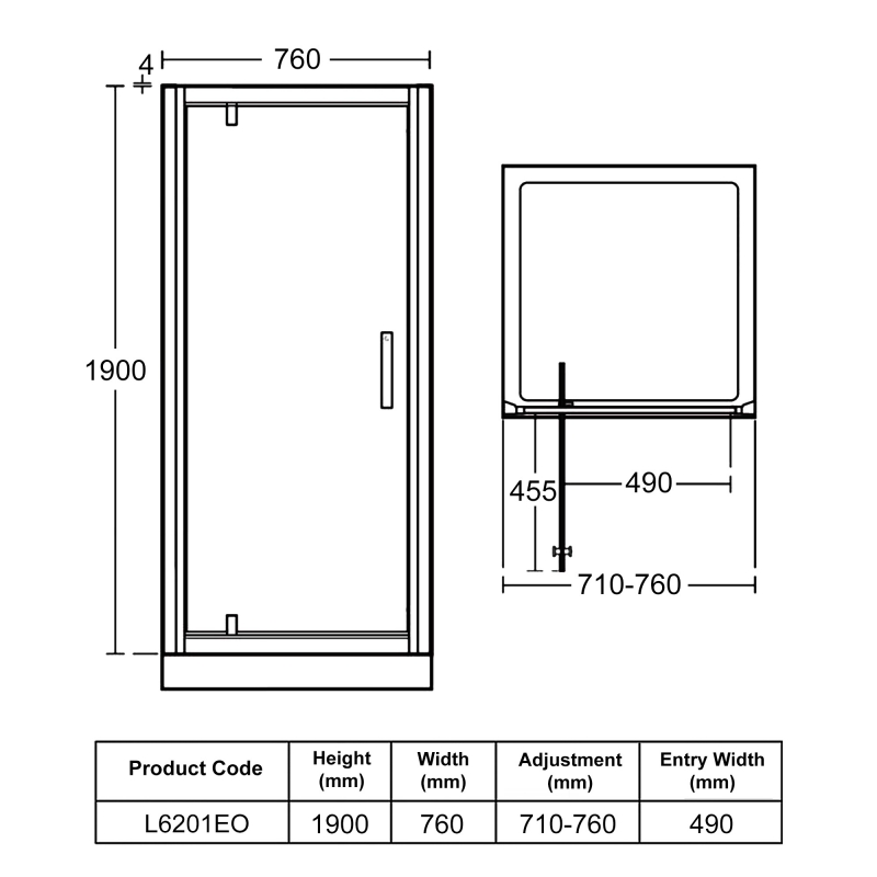 Ideal Standard Synergy Pivot Shower Door 760mm Wide - 8mm Glass