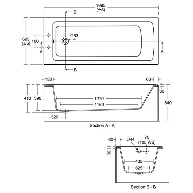 Ideal Standard Tempo Arc Single Ended Rectangular Bath 1700 x 700mm White 2 Tap Holes (inc Leg Set)