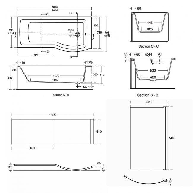 Ideal Standard Tempo Arc P-Shaped Shower Bath with Front Panel and Screen 1700mm x 800mm Right Handed