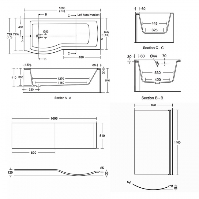 Ideal Standard Tempo Arc P-Shaped Shower Bath with Front Panel and Screen 1700mm x 800mm Left Handed