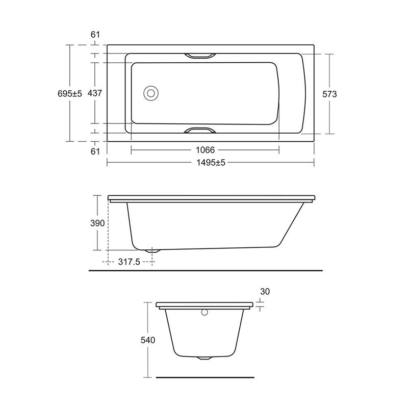 Ideal Standard Tempo Idealform Single Ended Bath with Grips 1500mm x 700mm - 0 Tap Hole (inc Leg Set)