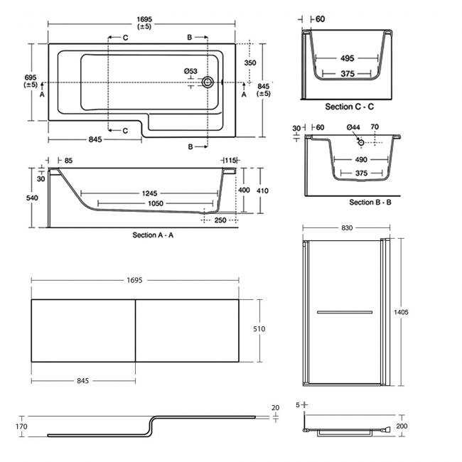 Ideal Standard Tempo Cube L-Shaped Shower Bath with Front Panel and Screen 1700mm x 850mm Right Handed