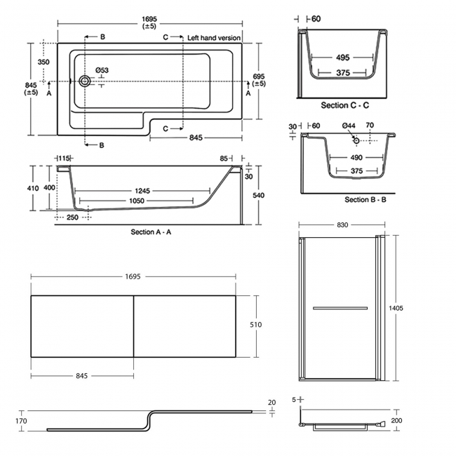 Ideal Standard Tempo Cube L-Shaped Shower Bath with Front Panel and Screen 1700mm x 850mm Left Handed