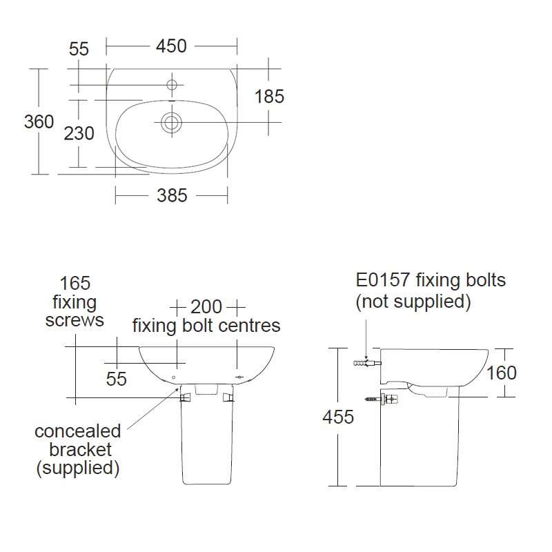 Ideal Standard Tesi Cloakroom Basin and Semi Pedestal 450mm Wide 1 Tap Hole