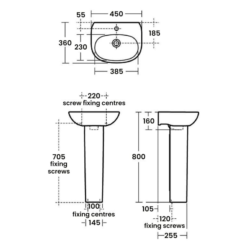 Ideal Standard Tesi Cloakroom Basin and Full Pedestal 450mm Wide 1 Tap Hole
