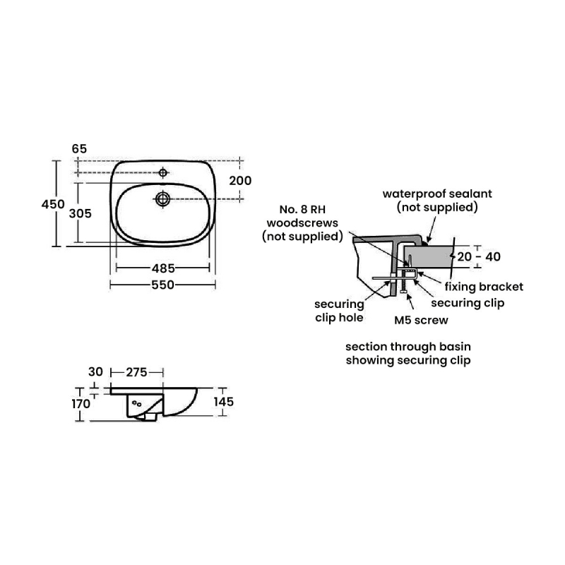 Ideal Standard Tesi Semi-Recessed Countertop Basin 550mm Wide - 1 Tap Hole