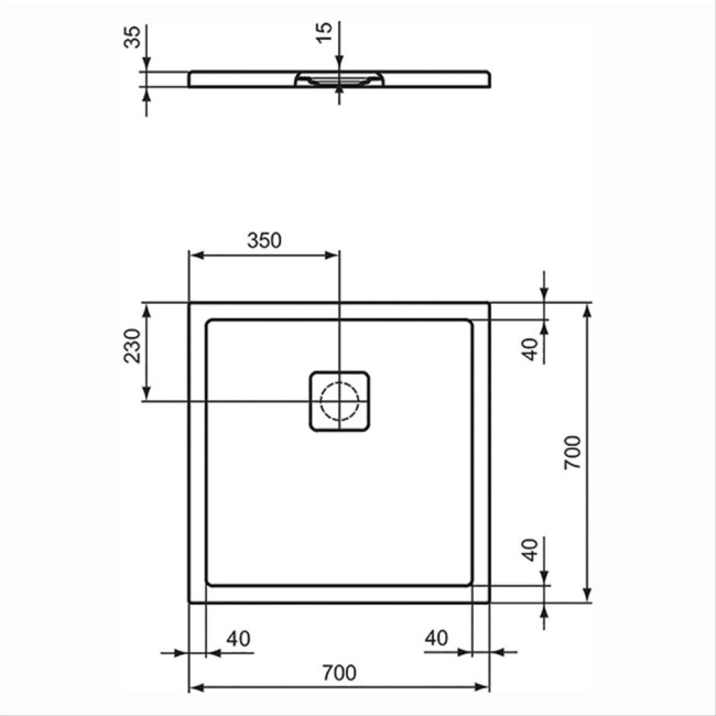 Ideal Standard Ultra Flat Evo Square Shower Tray 700mm x 700mm - Silk White  | Dimension Image