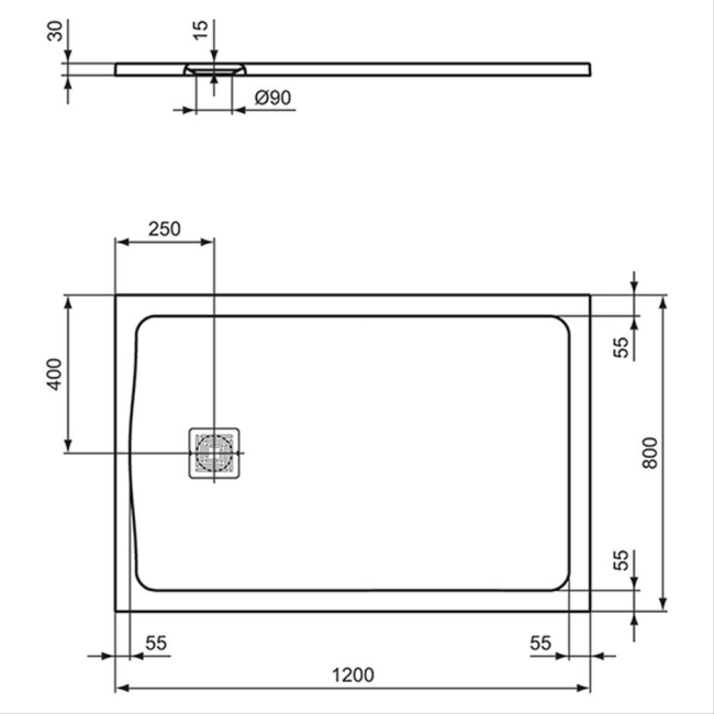Ideal Standard Ultra Flat S+ Rectangular Shower Tray 1200mm x 800mm - Jet Black  | Dimension Image