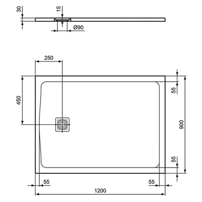 Ideal Standard Ultra Flat S+ Rectangular Shower Tray 1200mm x 900mm - Jet Black  | Dimension Image