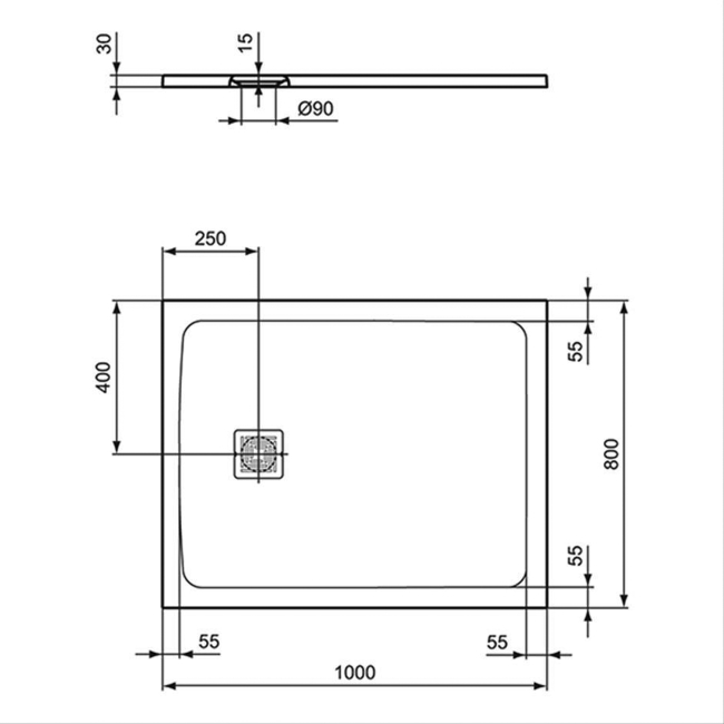 Ideal Standard Ultra Flat S+ Rectangular Shower Tray 1000mm x 800mm - Jet Black  | Dimension Image