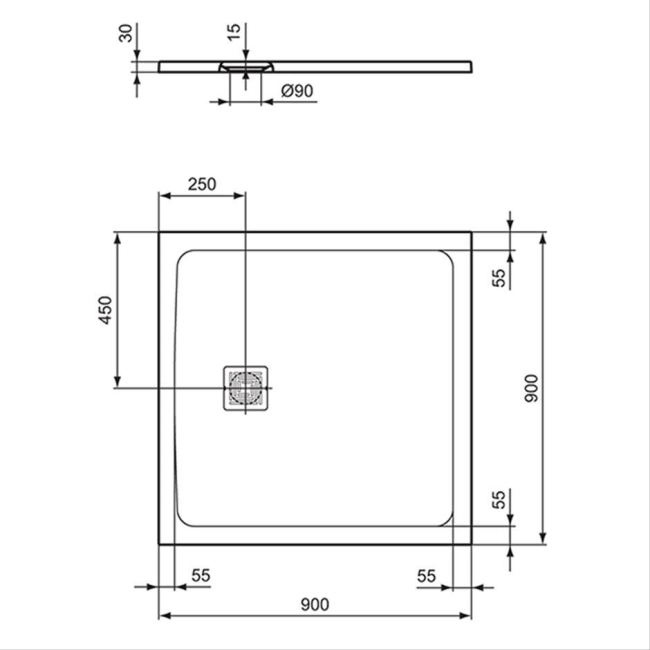 Ideal Standard Ultra Flat S+ Square Shower Tray 900mm x 900mm - Jet Black  | Dimension Image